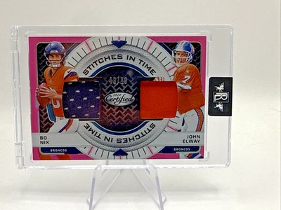 Camiseta dupla Bo Nix John Elway Stitches in Time com certificação 2024 rosa Etch RC #/49 - Imagem 1 de 2