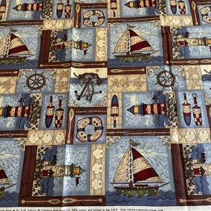 1 Yd VIP Cranston Leslie Beck Cotton Fabric Sailboat Lighthouse Nautical Sea - Picture 1 of 3