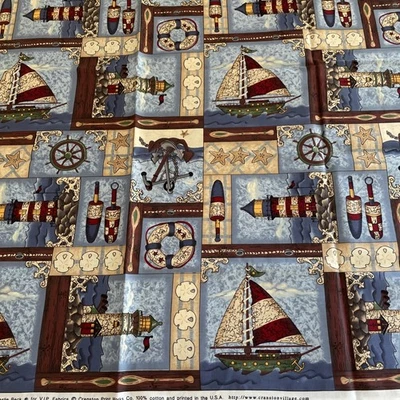 1 Yd VIP Cranston Leslie Beck Cotton Fabric Sailboat Lighthouse Nautical Sea - Image 1 of 3