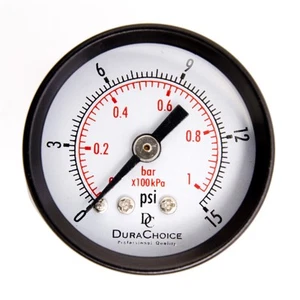 1-1/2" Utility Pressure Gauge Blk Steel Case, 1/8" NPT, Ctr Back 0-15PSI - Picture 1 of 5