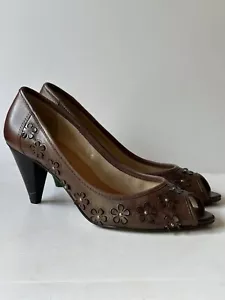 VIA UNO Brown Leather High Heel Peep Toe Shoes With Cut Out Floral Detail Sz 40 - Bild 1 von 13