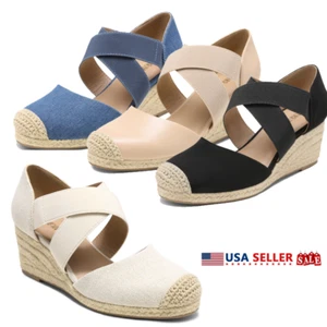 Women Espadrilles Dress Wedge Sandals Close Toe Elastic Ankle Strap Casua Sandal - Picture 1 of 26