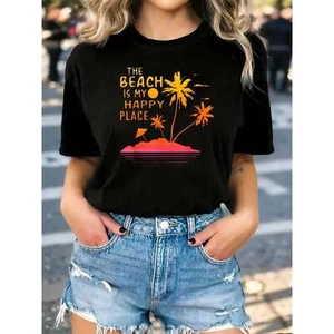 100% Cotton Ladies' Palm Tree Pattern T-shirt,Spring and Summer Short Sleeves - Picture 1 of 13