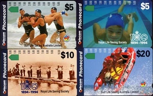 Juego de 4 tarjetas telefónicas Australia Surf 1994 salva vidas como nuevas nunca usadas - Imagen 1 de 1