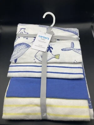 Cobertores de recepção de bebê Carter's 4 peças mar oceano peixe baleia coral algodão azul - Imagem 1 de 4