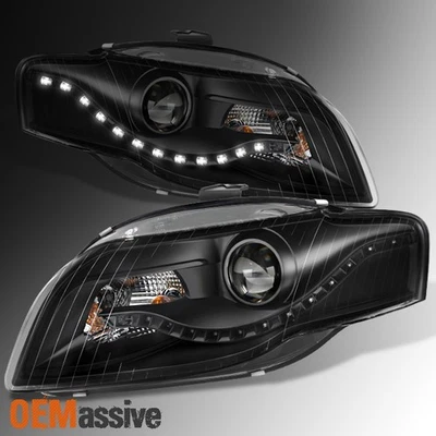 Fit 2006-2008 Audi A4 DRL LED Projector Halogen Type Black Headlights Assembly - Image 1 of 4