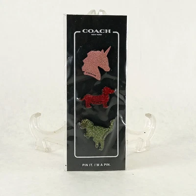 New Coach Metal Glitter Enamel Badge Pin Set - Rexy, Unicorn, Dachshund Dog - Image 1 of 4