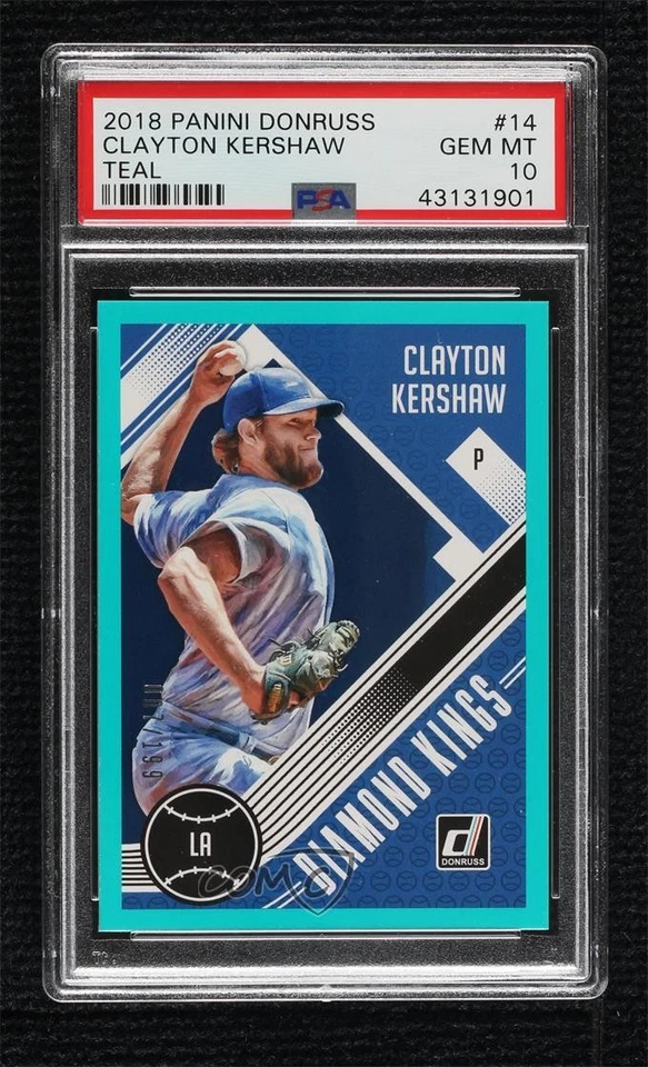 2018 Panini Donruss Diamond Kings Teal Border /199 Clayton Kershaw PSA 10 GEM MT - Image 1 of 2