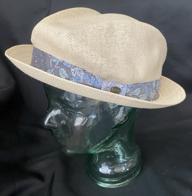 Sombrero Trilby de Paja de Papel Natural Época L/XL con Banda Azul - Necesita Remodelación Foto 1 de 4