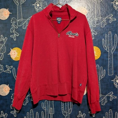 Roots Canada Cotton Embroidered 1/4 Zip Pullover Sweatshirt Red Unisex Large - Image 1 of 4