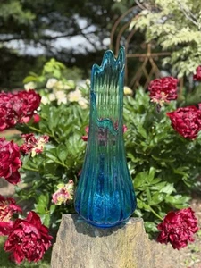 MCM L.E. Vase Smith balancé bleu 18,5" simplicité côtelé 7" fond gras WOW ! - Photo 1/8