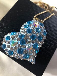 Betsey Johnson Necklace Blue HEART CRYSTALS GOLD  GIFT BOX BAG Organza bag