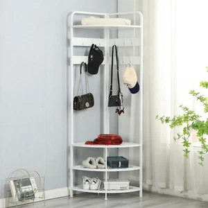 White Corner Hall Tree Shoe Bench Entryway Coat Rack with 10 Metal Movable Hooks - Picture 1 of 8