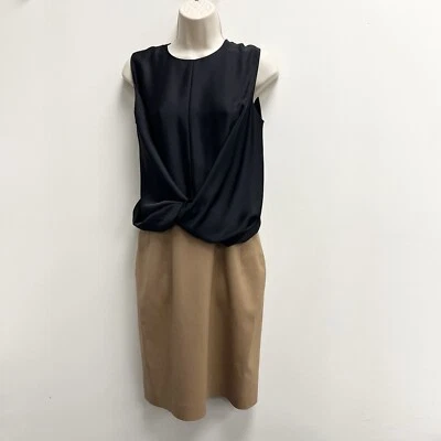 CARVEN Sleevless Bi-Fabric Dress Black Camel Tan Wool Drape Top *Flaw* Size 38 - Image 1 of 4
