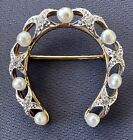 ANTIQUE DIAMOND PEARL 14K GOLD HORSESHOE PIN BROOCH EXCELLENT CONDITION