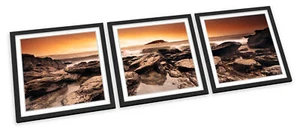 JUEGO DE IMPRESIONES ARTÍSTICAS ENMARCADAS EN ROCAS DE SURF ATARDECER PLAYA Póster de imagen cuadrado - Imagen 1 de 5