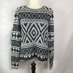 Lucky Brand Sweater Crew Neck Boho Aztec Tribal Geometric Black White Size Large - Picture 1 of 9