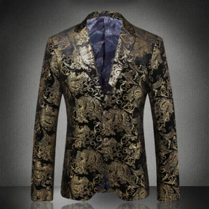 Men Gold Foil Print Velvet Suit Blazer Dress Jacket Dinner Prom Coat Top Wedding - Picture 1 of 10
