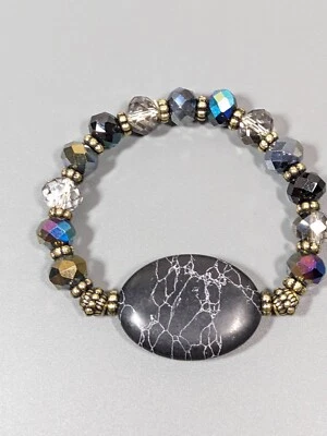 Brazalete elástico de piedra ovalada con cuentas de vidrio de pavo real negro costero playa 6,5 pulgadas Foto 1 de 4