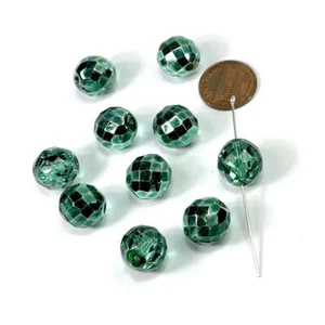 Emerald Green Silver coated Czech Fire Polished Round Faceted Gls Beads 14mm 10p - Picture 1 of 1