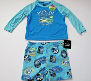 HURLEY Infant Boy's 12M 2 Pc Swim Shorts Long Sleeve Rash Guard Set Alligator - Picture 1 of 2