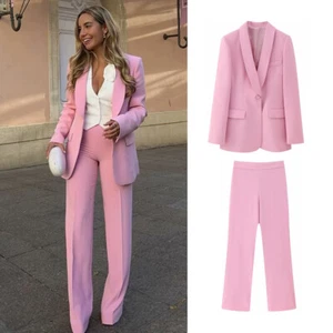 Ladies Pink Solid Color Suit Pant 2 Pieces Slim Fit Business Office Suits Wear - Picture 1 of 14