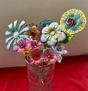 LOT 12 COLORFUL FAKE FLOWERS METAL & PLASTIC HOME DECOR 13-14” TALL - Picture 1 of 18