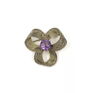 Theodor Fahrner 925 Silber Brosche filigran antik Schmuck Amethyst Schleife - Bild 1 von 10