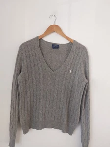 Ralph Lauren Cable Knit V Neck Light Grey Jumper Size M UK10 90% Wool 10% Cashme - Picture 1 of 6