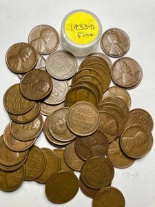1933-D LINCOLN WHEAT CENT ROLL, HIGH GRADE, 50 COINS, ALL COINS "FINE" - Picture 1 of 4