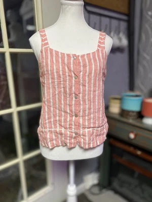 C&C California Linen Tank Top Red White Stripe Button Down Front (Q) - Image 1 of 4