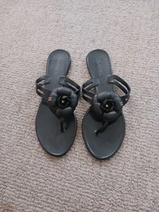 CHANEL CC Logo Black Camellia Flower Jelly Flip Flops 40 Size 8.5 Made In Italy - Picture 1 of 6