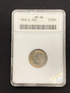1949 S Roosevelt Dime  MS66 Anacs Soap Box Toner Blues Greens Purple Dual Side - Picture 1 of 5