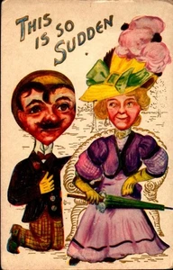 EMBOSSED CARICATURE POSTCARD-THIS IS SO SUDDEN- MAN WITH BIG HEAD PROPOSES BKC2 - Picture 1 of 2