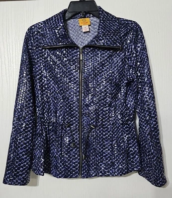 Ruby Road Blue Full Zip Sequin Cinch Waist Jacket Women’s Size 6 Petite - Image 1 of 4
