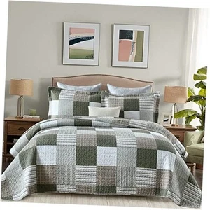 Quilt Set King Size, 100% Cotton King Quilt, Green Moonbeam White Patchwork - Picture 1 of 7