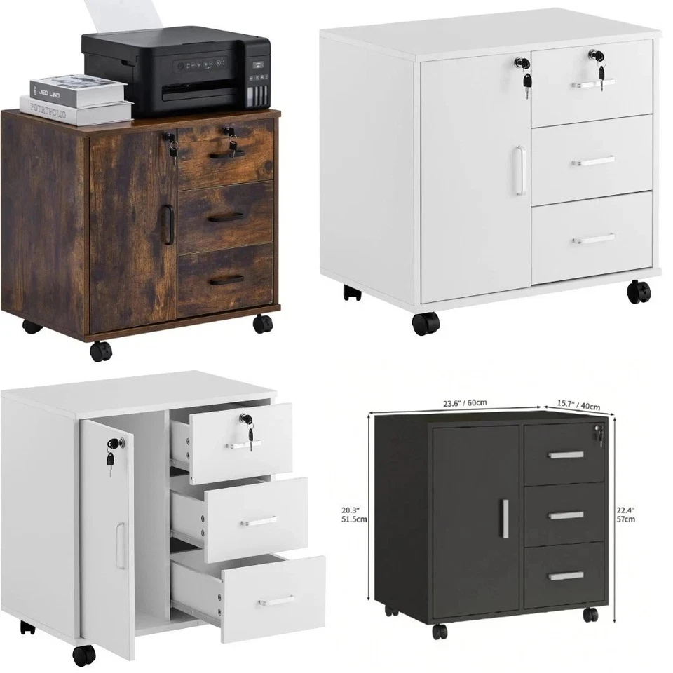 Office Filing Cabinet Mobile Printer Stand File Storage 3 Drawer 4 Wheels