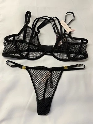 VICTORIA'S SECRET Juego de Tanga Parte Inferior Demi Corte Bajo Red Negra Taza Abierta Nuevo con Etiquetas L Foto 1 de 4