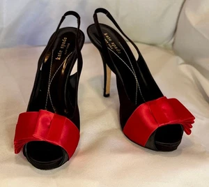 KATE SPADE New York 8.5 B, Black Satin Stiletto w Red Satin Bow, Made in Italy - Picture 1 of 9