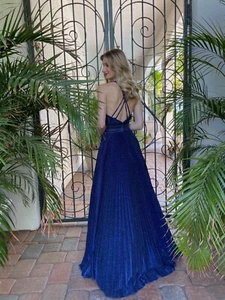 Camille La Vie Halter Pleated Metallic Prom Ball Gown Long Dress - Blue - Size 0 - Picture 1 of 5