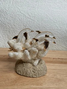 Melanie Cech Clear Glass 3 Dolphins On White Coral Sculpture, Beach House Decor - Picture 1 of 14