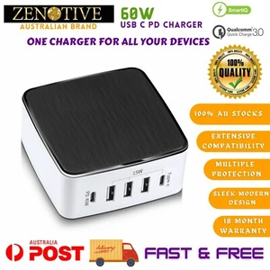 ZENOTIVE 60W USB TYPE C PD QC3.0 Charging Station 5 Port Power Adapter AU PLUG - Picture 1 of 12