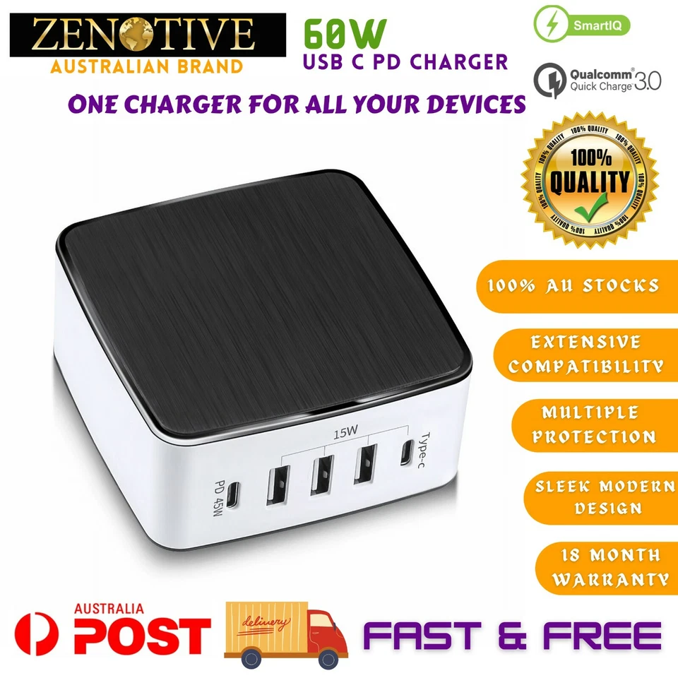 ZENOTIVE 60W USB TYPE C PD QC3.0 Charging Station 5 Port Power Adapter AU PLUG - Image 1 of 4