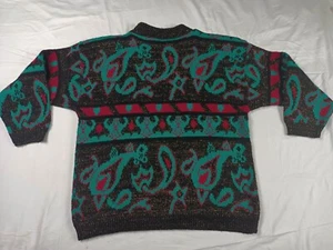 Vintage Spunky Multicolor Neon Paisley Metallic Fibers Pullover Sweater Size L - Picture 1 of 4