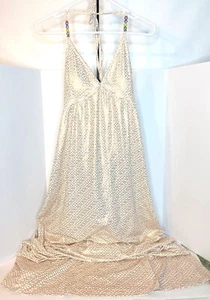 Coogi Kleid Damen Größe XL weiß lang Maxi Neckholder Spaghettiträger gold Logo - Bild 1 von 16