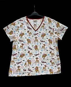 Rudolph Red Nosed Reindeer Scrub Top Christmas Shirt White Winter Holiday Large - Picture 1 of 3