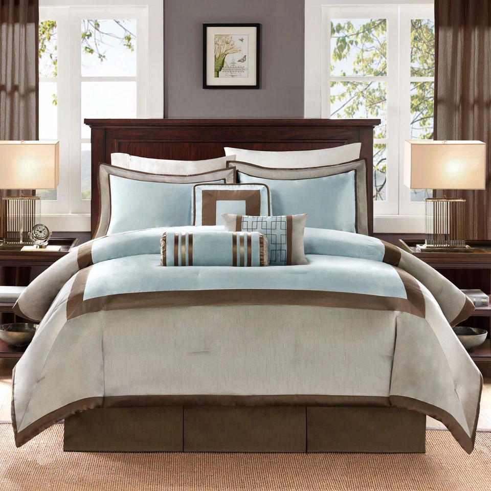 LABEL BEAUTIFUL CONTEMPORARY CHIC ELEGANT LIGHT BLUE GREY BRONZE BROWN COMFORTER SET