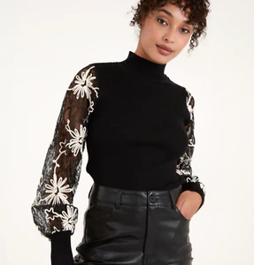 Neu hochgeschlossener Pullover für Damen mit Spitze & Stickereiärmeln Freizeit Oberteil neu mit Etikett - Bild 1 von 9