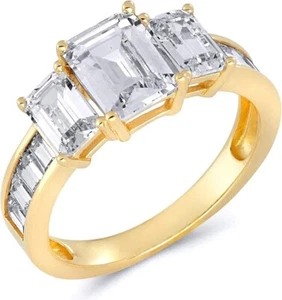 4,80 ct Smaragd & Baguette 3 Drei Steine Verlobungsring massiv 14 K Gelbgold - Bild 1 von 2