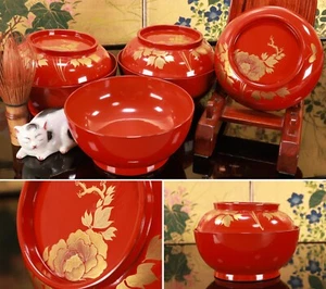 Japanese Wajima Lacquer Set of 3 Lidded Soup Bowl 3.39inch Gold Peony Maki-e - Picture 1 of 18